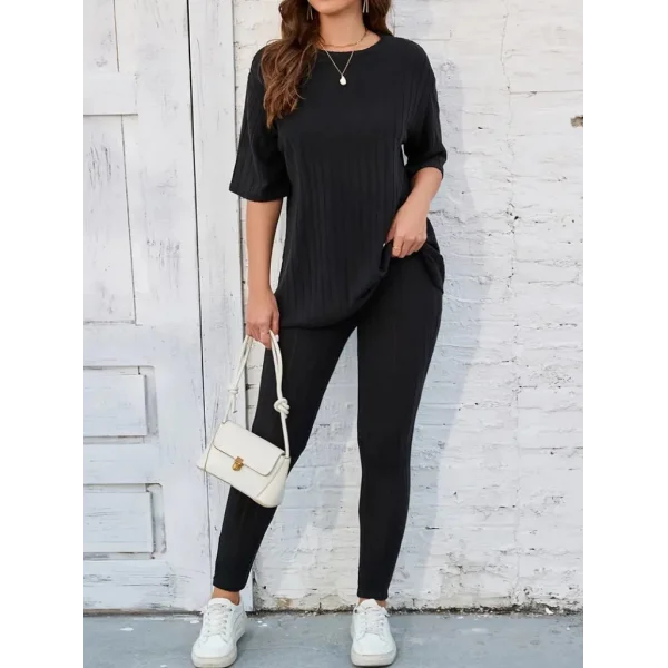 Kadın Kısa Kollu Uzun T-shirt Tayt Fitilli Kaşkorse Ikili Takım