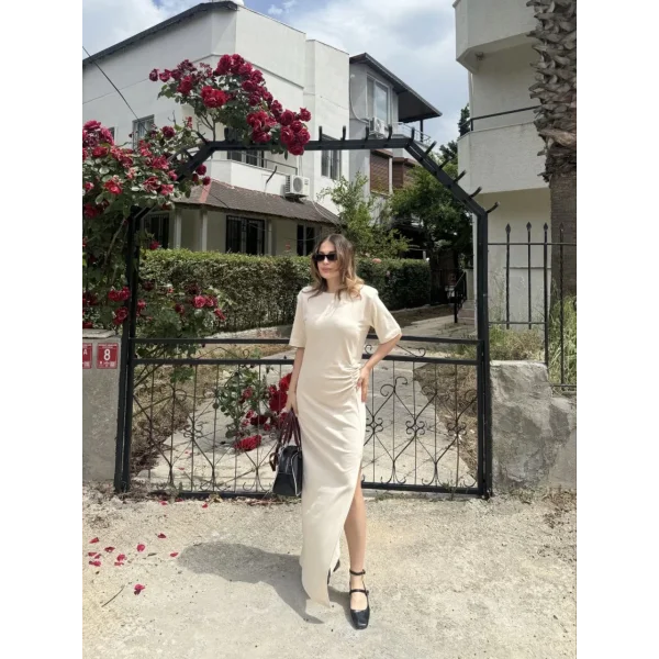 Kadın Kısa Kollu Uzun Yandan Yırtmaçlı Elbise - Bej