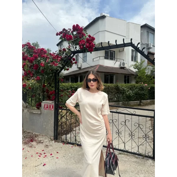 Kadın Kısa Kollu Uzun Yandan Yırtmaçlı Elbise - Bej