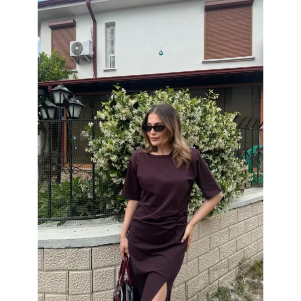 Kadın Kısa Kollu Uzun Yandan Yırtmaçlı Elbise - Bordo