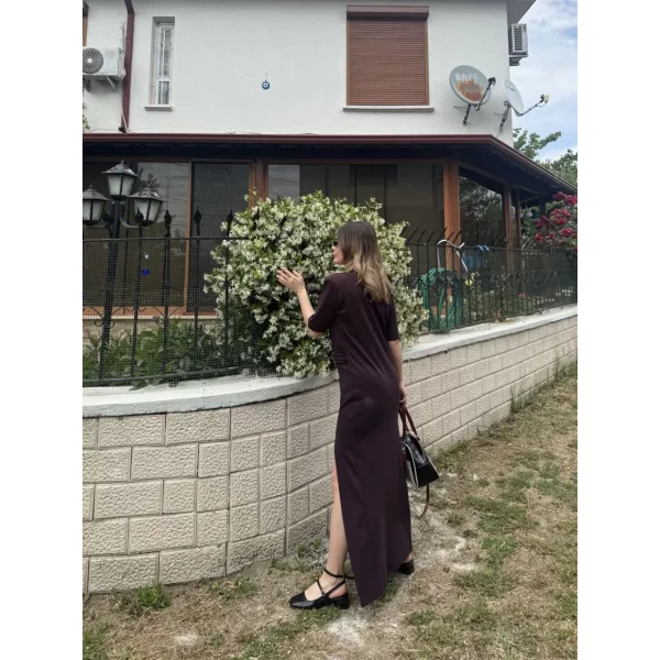 Kadın Kısa Kollu Uzun Yandan Yırtmaçlı Elbise - Bordo