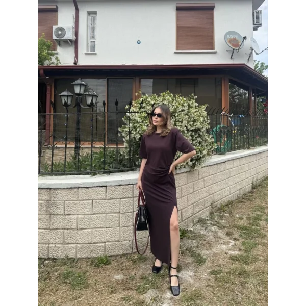 Kadın Kısa Kollu Uzun Yandan Yırtmaçlı Elbise - Bordo