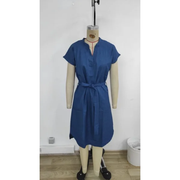 Kadın Kısa Kollu V Hakim Yaka Belden Kuşaklı Valencia Elbise