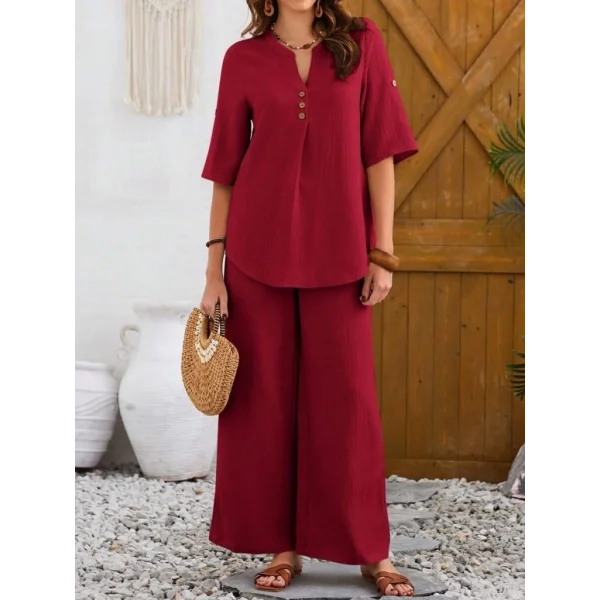 Kadın Kısa Kollu V Hakim Yaka Düğmeli Bürümcük Bluz Ve Pantolon Ikili Takım