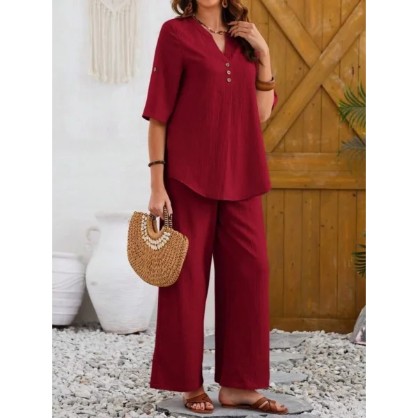 Kadın Kısa Kollu V Hakim Yaka Düğmeli Bürümcük Bluz Ve Pantolon Ikili Takım