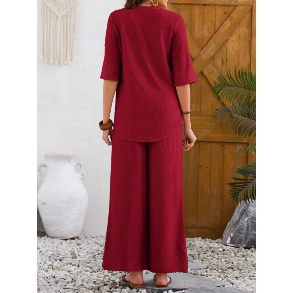 Kadın Kısa Kollu V Hakim Yaka Düğmeli Bürümcük Bluz Ve Pantolon Ikili Takım