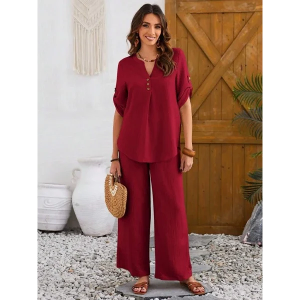 Kadın Kısa Kollu V Hakim Yaka Düğmeli Bürümcük Bluz Ve Pantolon Ikili Takım