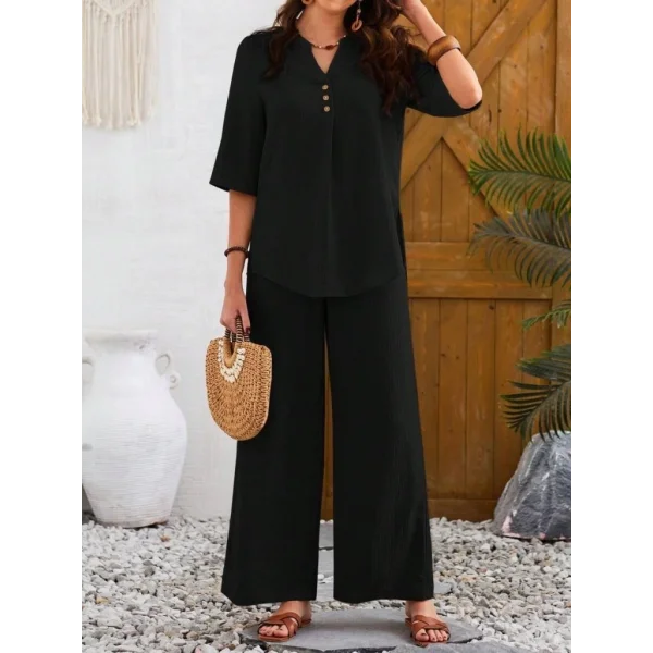 Kadın Kısa Kollu V Hakim Yaka Düğmeli Bürümcük Bluz Ve Pantolon Ikili Takım