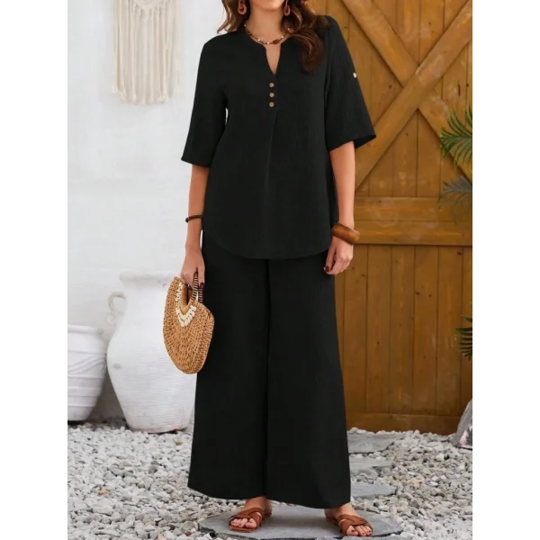 Kadın Kısa Kollu V Hakim Yaka Düğmeli Bürümcük Bluz Ve Pantolon Ikili Takım