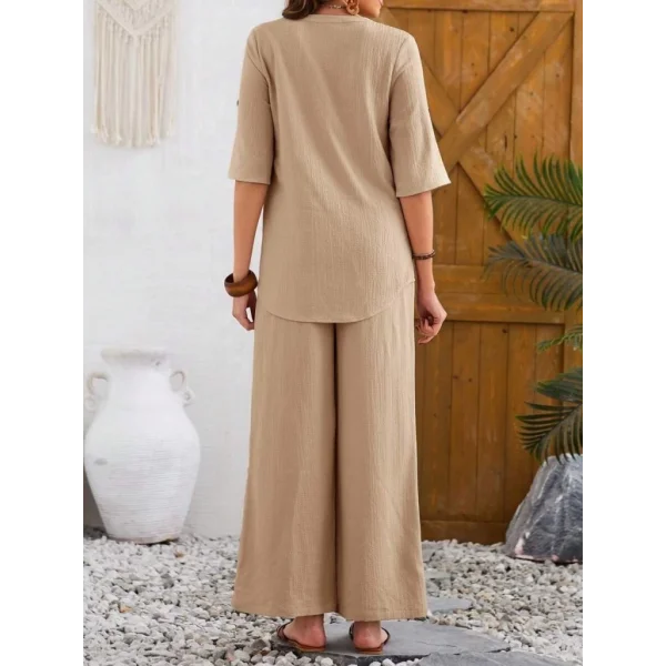 Kadın Kısa Kollu V Hakim Yaka Düğmeli Bürümcük Bluz Ve Pantolon Ikili Takım