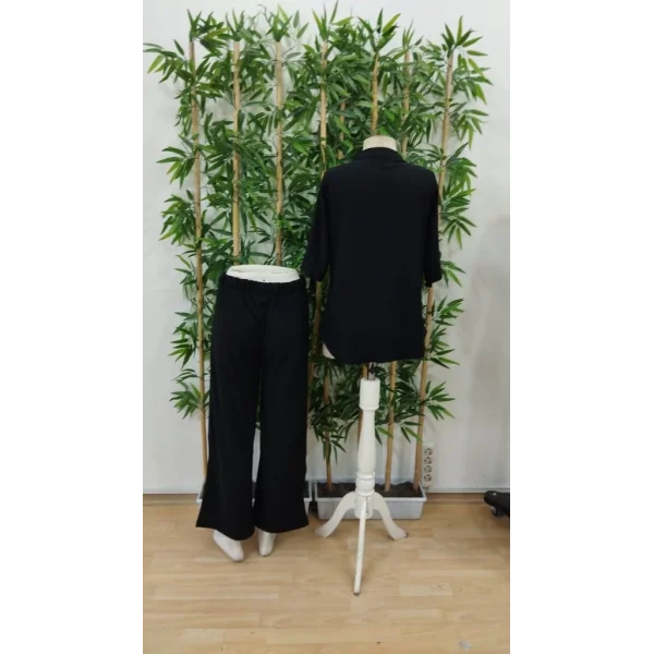 Kadın Kısa Kollu V Hakim Yaka Düğmeli Bürümcük Bluz Ve Pantolon Ikili Takım