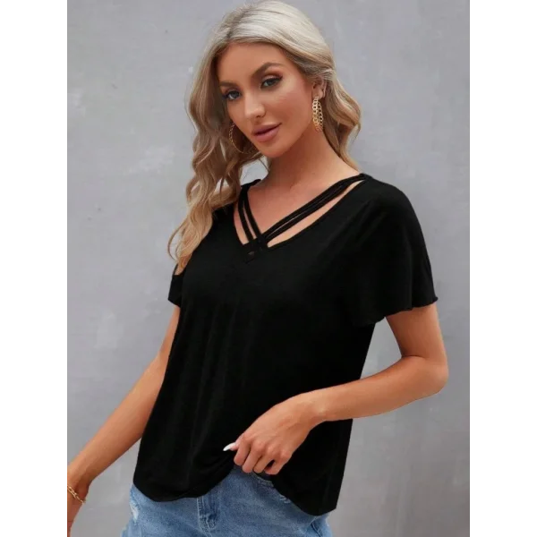 Kadın Kısa Kollu V şerit Yakalı Viskon Bluz