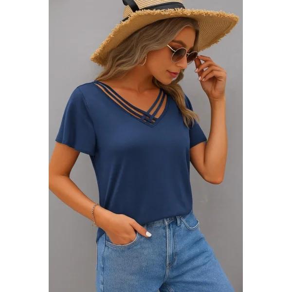Kadın Kısa Kollu V şerit Yakalı Viskon Bluz