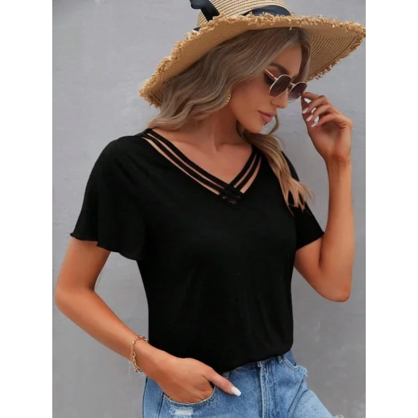 Kadın Kısa Kollu V şerit Yakalı Viskon Bluz