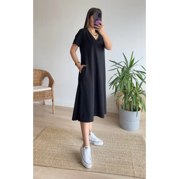 Kadın Kısa Kollu V Yaka Cepli A Kesim Detaylı Viskon Elbise