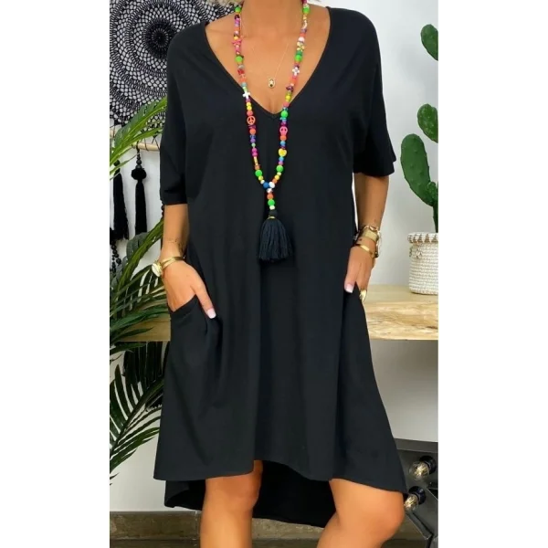 Kadın Kısa Kollu V Yaka Cepli Bürümcük Salaş Elbise