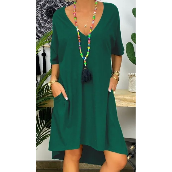 Kadın Kısa Kollu V Yaka Cepli Bürümcük Salaş Elbise