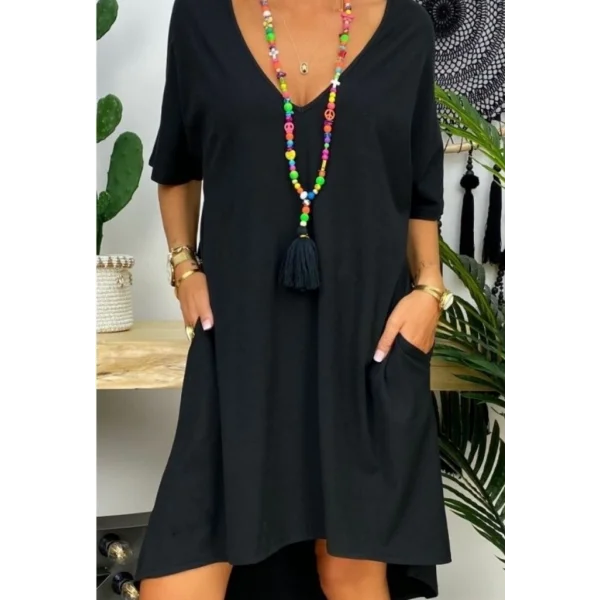 Kadın Kısa Kollu V Yaka Cepli Bürümcük Salaş Elbise