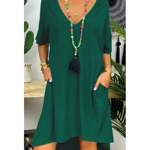 Kadın Kısa Kollu V Yaka Cepli Bürümcük Salaş Elbise