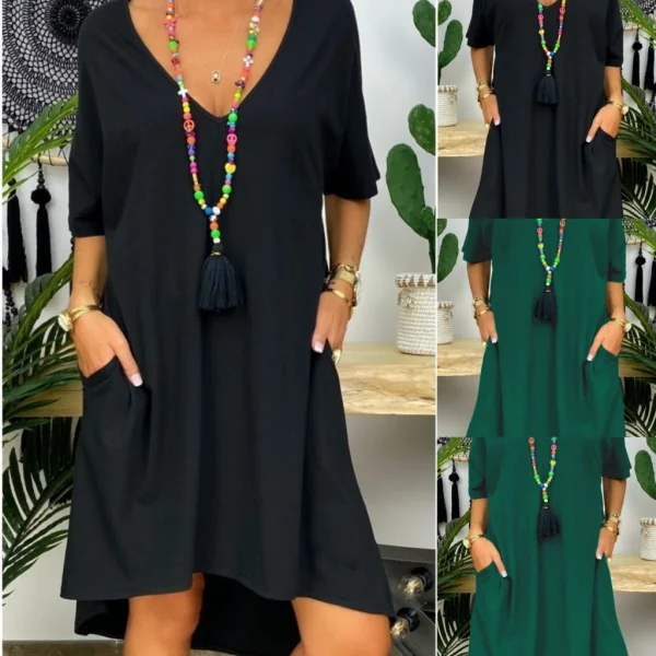 Kadın Kısa Kollu V Yaka Cepli Bürümcük Salaş Elbise