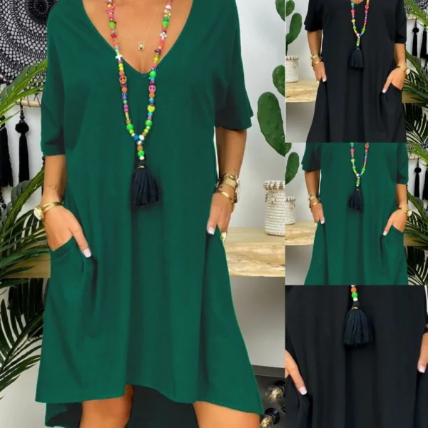 Kadın Kısa Kollu V Yaka Cepli Bürümcük Salaş Elbise