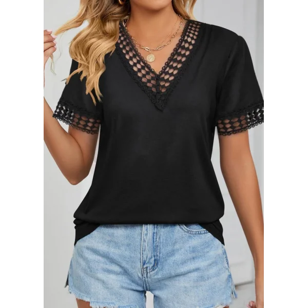 Kadın Kısa Kollu V Yaka Dantel Yakalı Viskon Bluz
