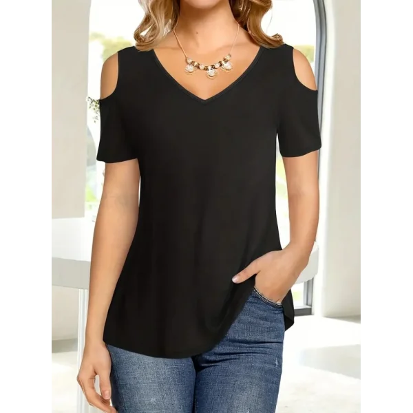 ßKadın Kısa Kollu V Yaka Dekolte Omuz Detay Viskon Bluz