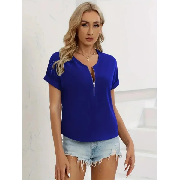 Kadın Kısa Kollu V Yaka Fermuarlı Salaş Sandy Bluz