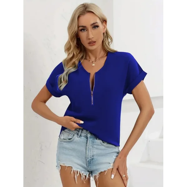 Kadın Kısa Kollu V Yaka Fermuarlı Salaş Sandy Bluz