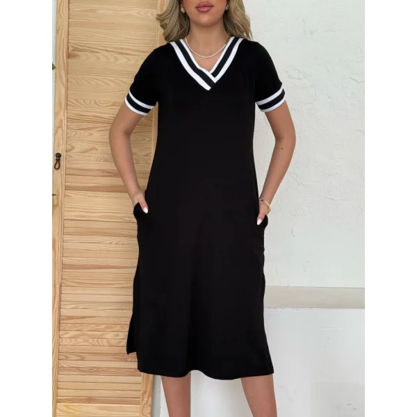 Kadın Kısa Kollu V Yaka Kol Ve Yaka Ribana Detay Midi Boy Viskon Elbise