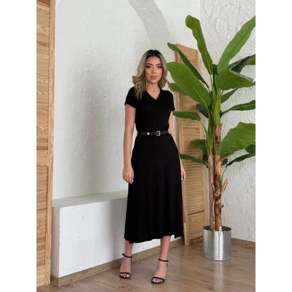 Kadın Kısa Kollu V Yaka Maxi Boy Elbise 124 Cm