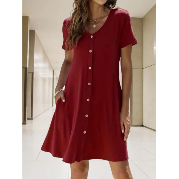 Kadın Kısa Kollu V Yaka önü Düğmeli Viskon Elbise