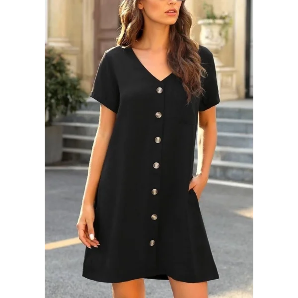 Kadın Kısa Kollu V Yaka önü Düğmeli Viskon Elbise