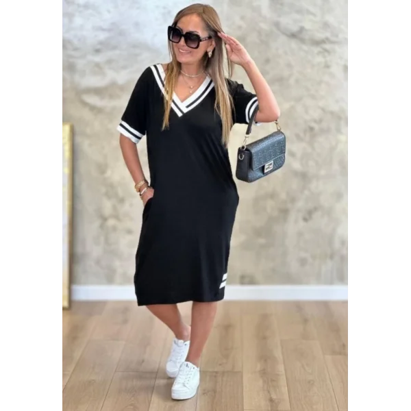 Kadın Kısa Kollu V Yaka Ribana Detaylı Cepli Dizüstü Viskon Elbise