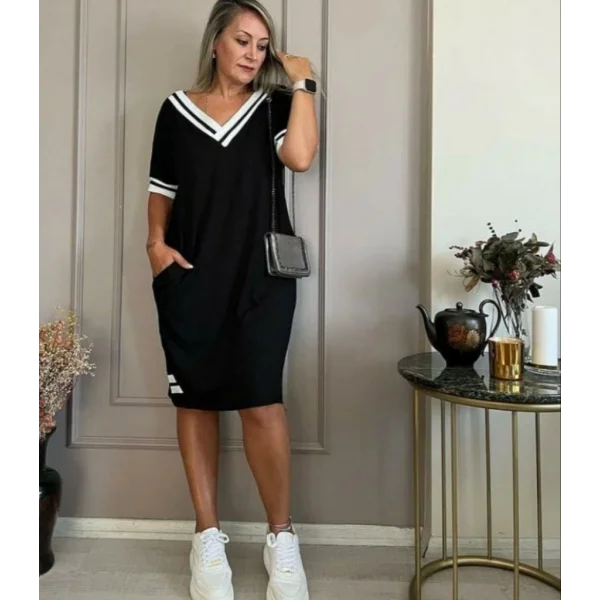 Kadın Kısa Kollu V Yaka Ribana Detaylı Cepli Dizüstü Viskon Elbise