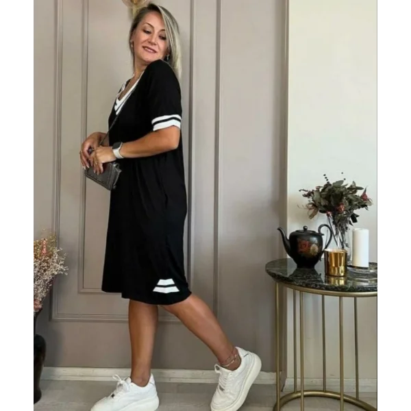 Kadın Kısa Kollu V Yaka Ribana Detaylı Cepli Dizüstü Viskon Elbise