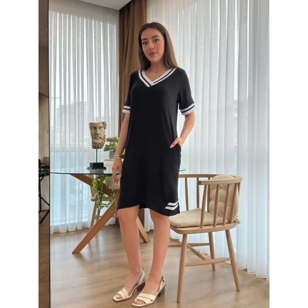 Kadın Kısa Kollu V Yaka Ribana Detaylı Cepli Dizüstü Viskon Elbise