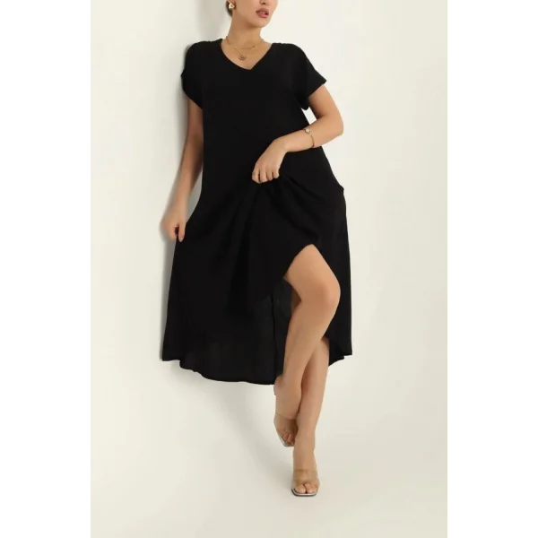 Kadın Kısa Kollu V Yaka Salaş Maxi Boy Elbise