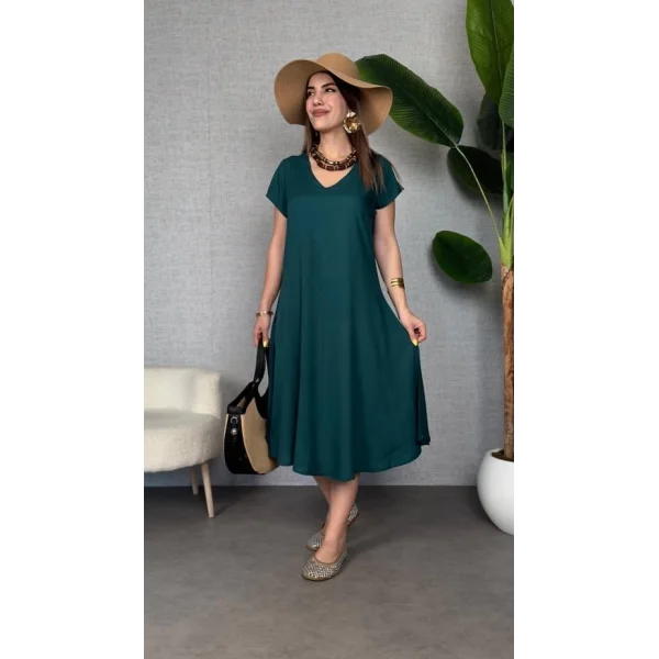 Kadın Kısa Kollu V Yaka Salaş Maxi Boy Elbise