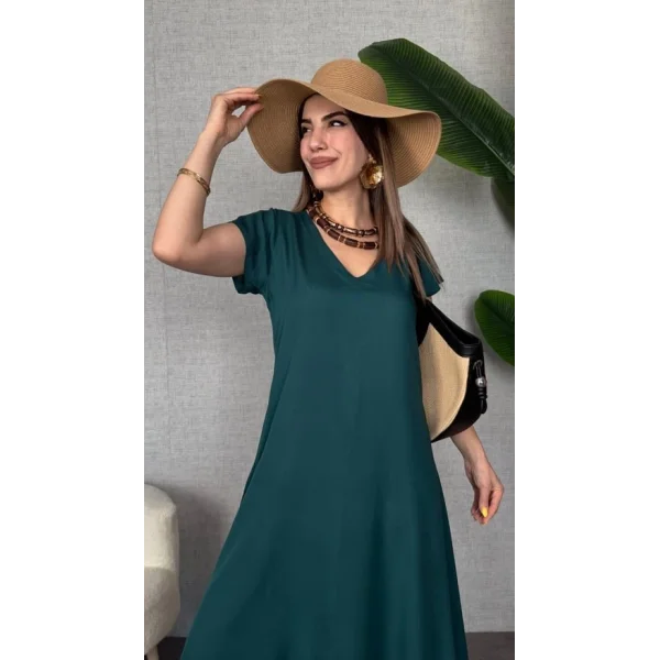 Kadın Kısa Kollu V Yaka Salaş Maxi Boy Elbise