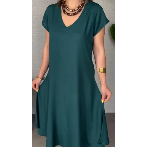 Kadın Kısa Kollu V Yaka Salaş Maxi Boy Elbise