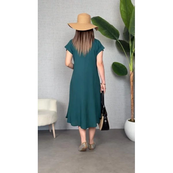 Kadın Kısa Kollu V Yaka Salaş Maxi Boy Elbise