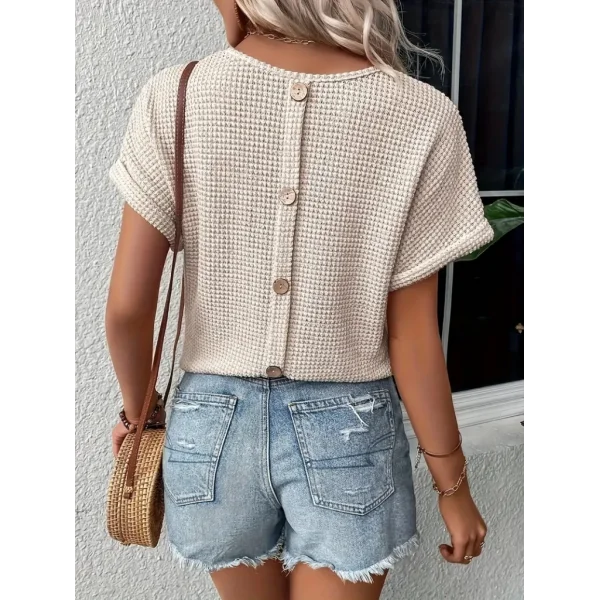 Kadın Kısa Kollu V Yaka Sırt Düğme Detay Triko Bluz