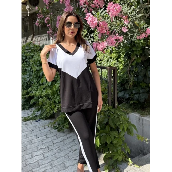 Kadın Kısa Kollu V Yaka Siyah Beyaz Renkli Viskon Iki Iplik Kumaş Eşofman Takımı