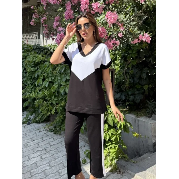 Kadın Kısa Kollu V Yaka Siyah Beyaz Renkli Viskon Iki Iplik Kumaş Eşofman Takımı