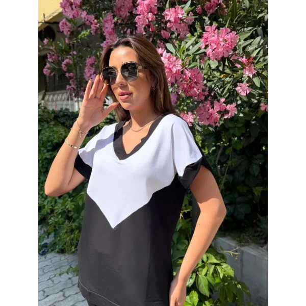 Kadın Kısa Kollu V Yaka Siyah Beyaz Renkli Viskon Iki Iplik Kumaş Eşofman Takımı