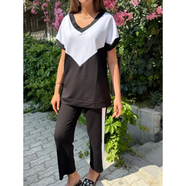 Kadın Kısa Kollu V Yaka Siyah Beyaz Renkli Viskon Iki Iplik Kumaş Eşofman Takımı