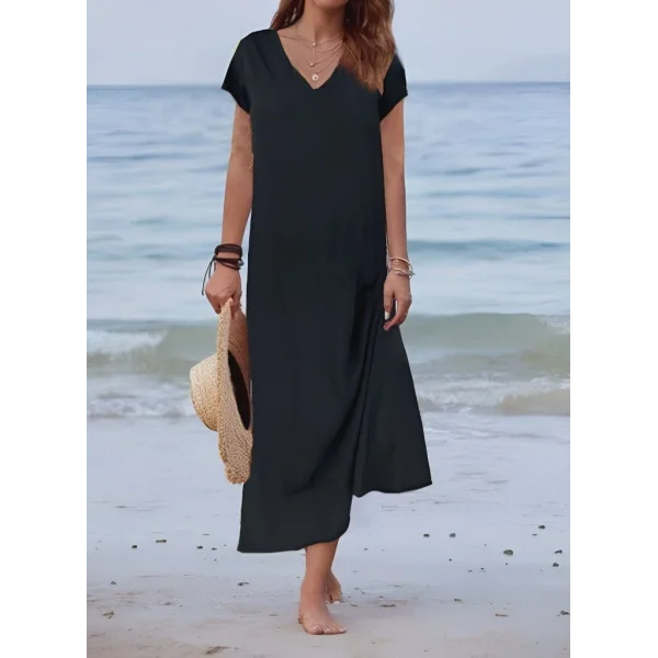 Kadın Kısa Kollu V Yaka Süprem Tam Boy Elbise