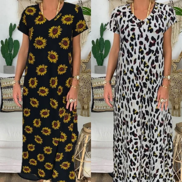 Kadın Kısa Kollu V Yaka Tam Boy Zebra Desen Pegasus Kumaş Elbise