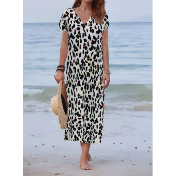 Kadın Kısa Kollu V Yaka Tam Boy Zebra Desen Pegasus Kumaş Elbise